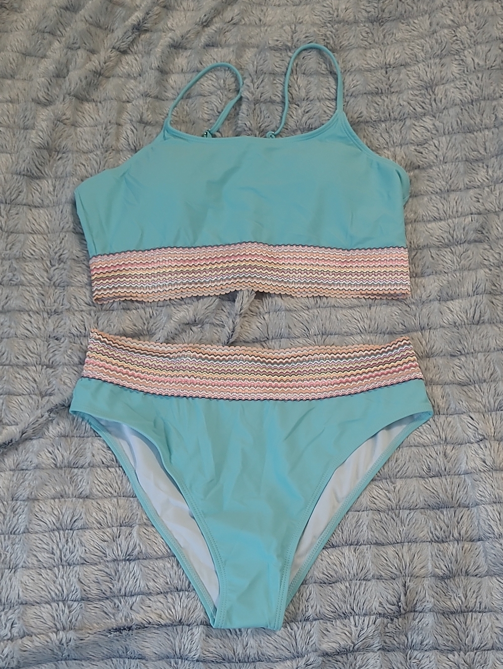 Amazon Light Blue High-Waist Two-Piece Bikini with Multi-Color Band